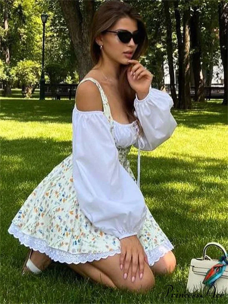 Printed Off-shoulder Lantern Charming Sleeve Flare Mini Dress - Image 4