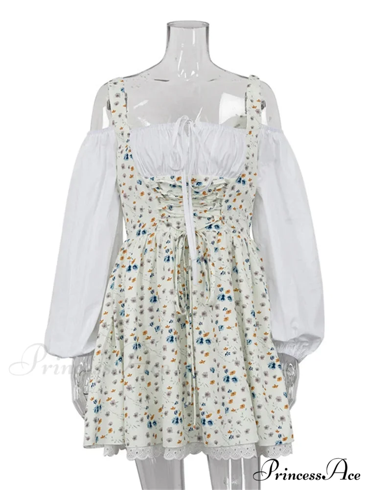 Printed Off-shoulder Lantern Charming Sleeve Flare Mini Dress - Image 5
