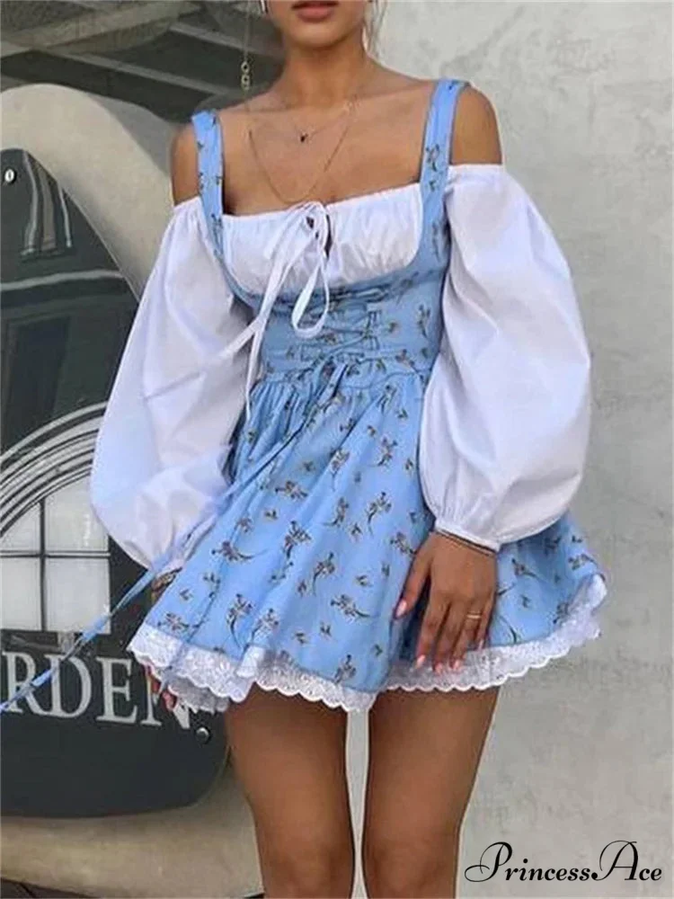 Printed Off-shoulder Lantern Charming Sleeve Flare Mini Dress - Image 6