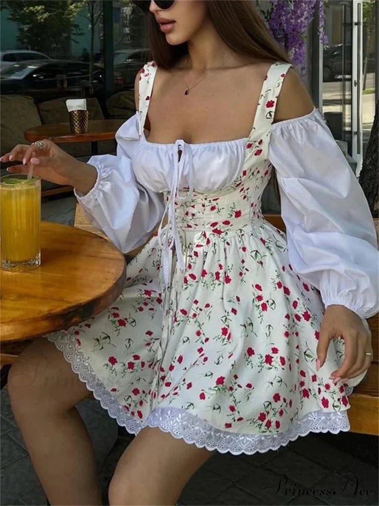 Printed Off-shoulder Lantern Charming Sleeve Flare Mini Dress - Image 9
