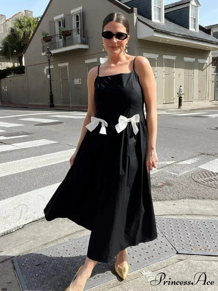 Black Bow Solid Charming Strap Midi Dress - Image 2