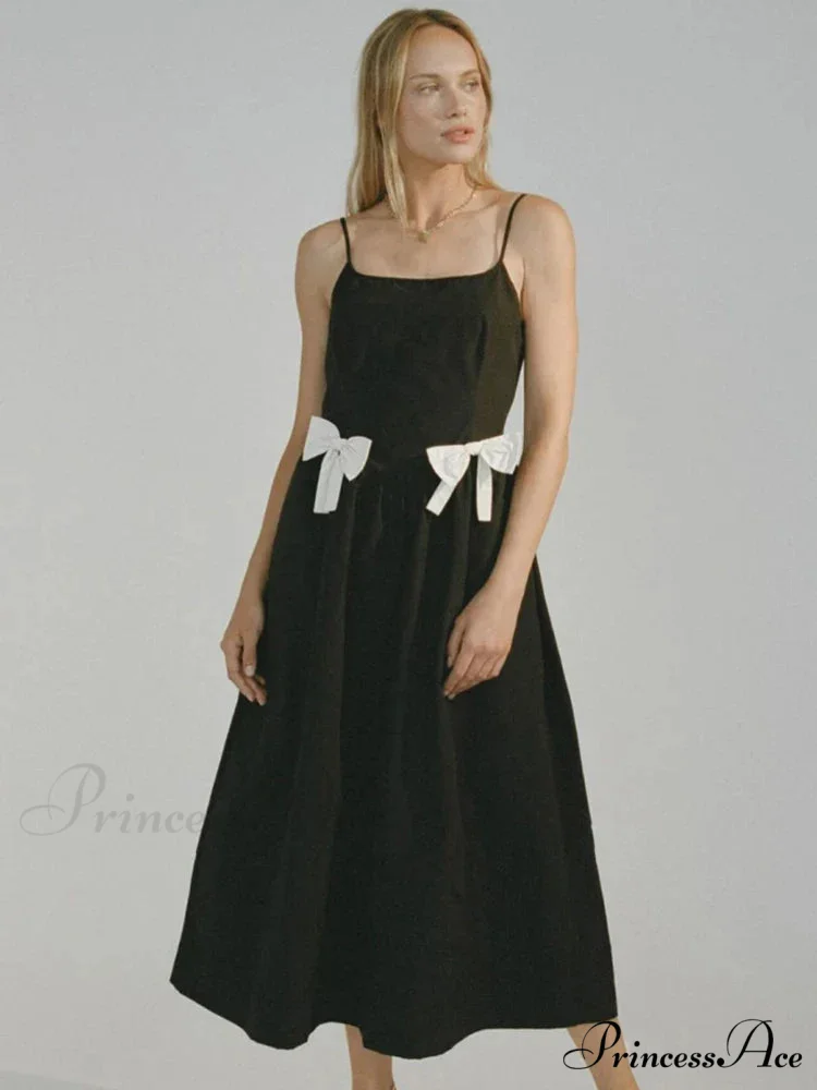 Black Bow Solid Charming Strap Midi Dress - Image 3
