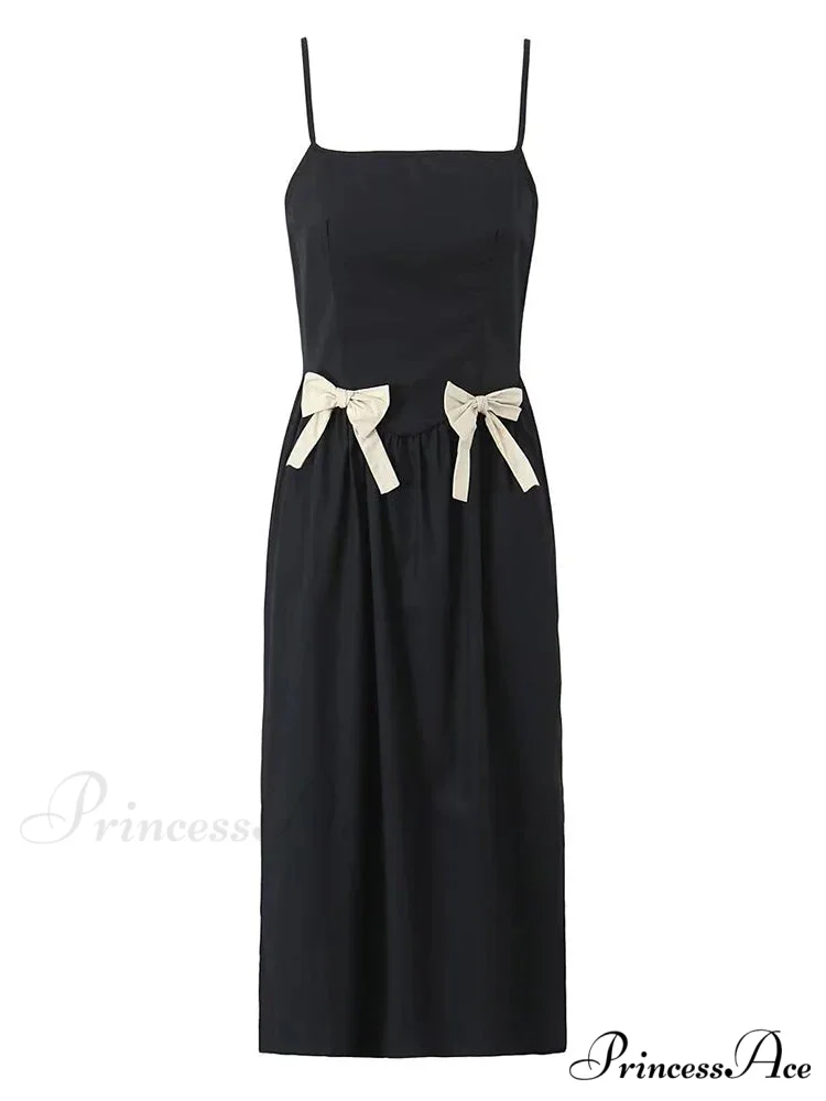 Black Bow Solid Charming Strap Midi Dress - Image 4