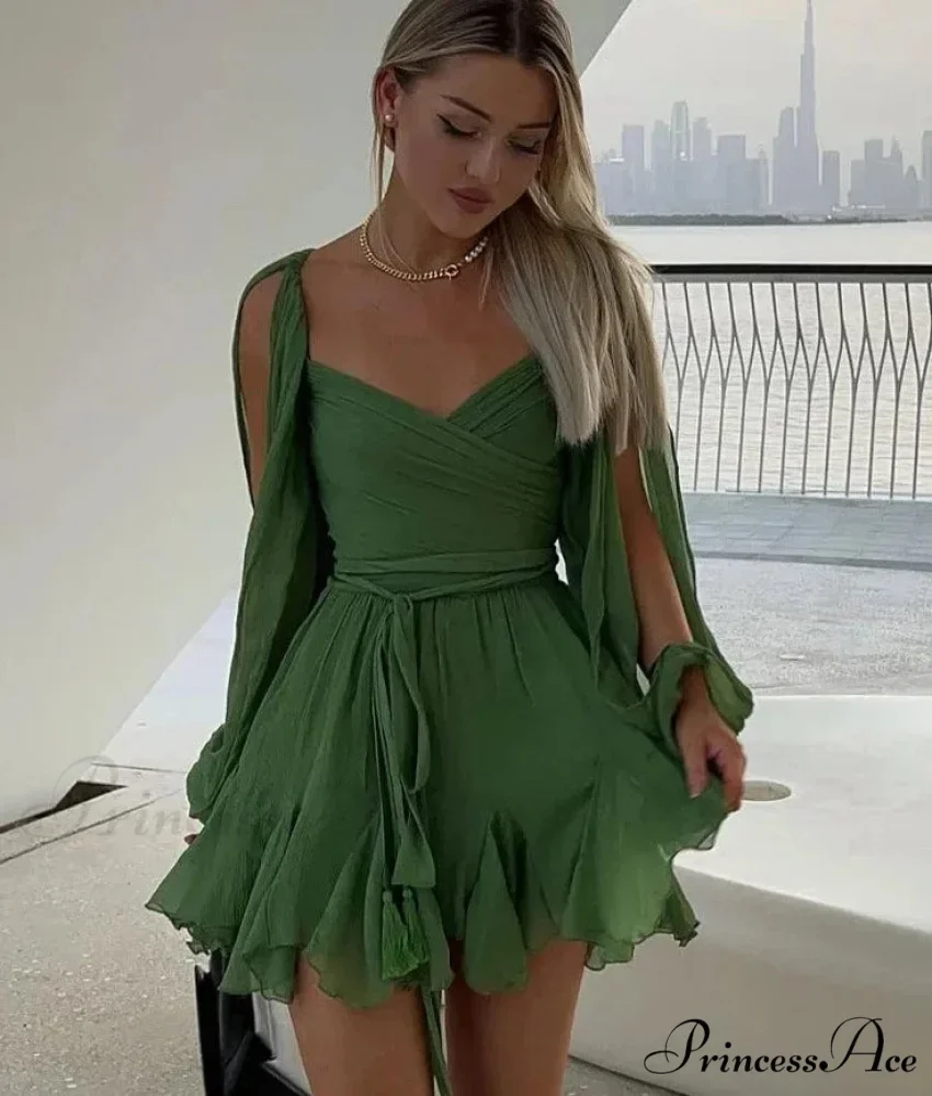 Chiffon Slit Long Sleeve Graceful Lace Up Mini Dress - Image 4