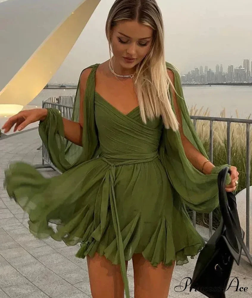 Chiffon Slit Long Sleeve Graceful Lace Up Mini Dress - Image 5