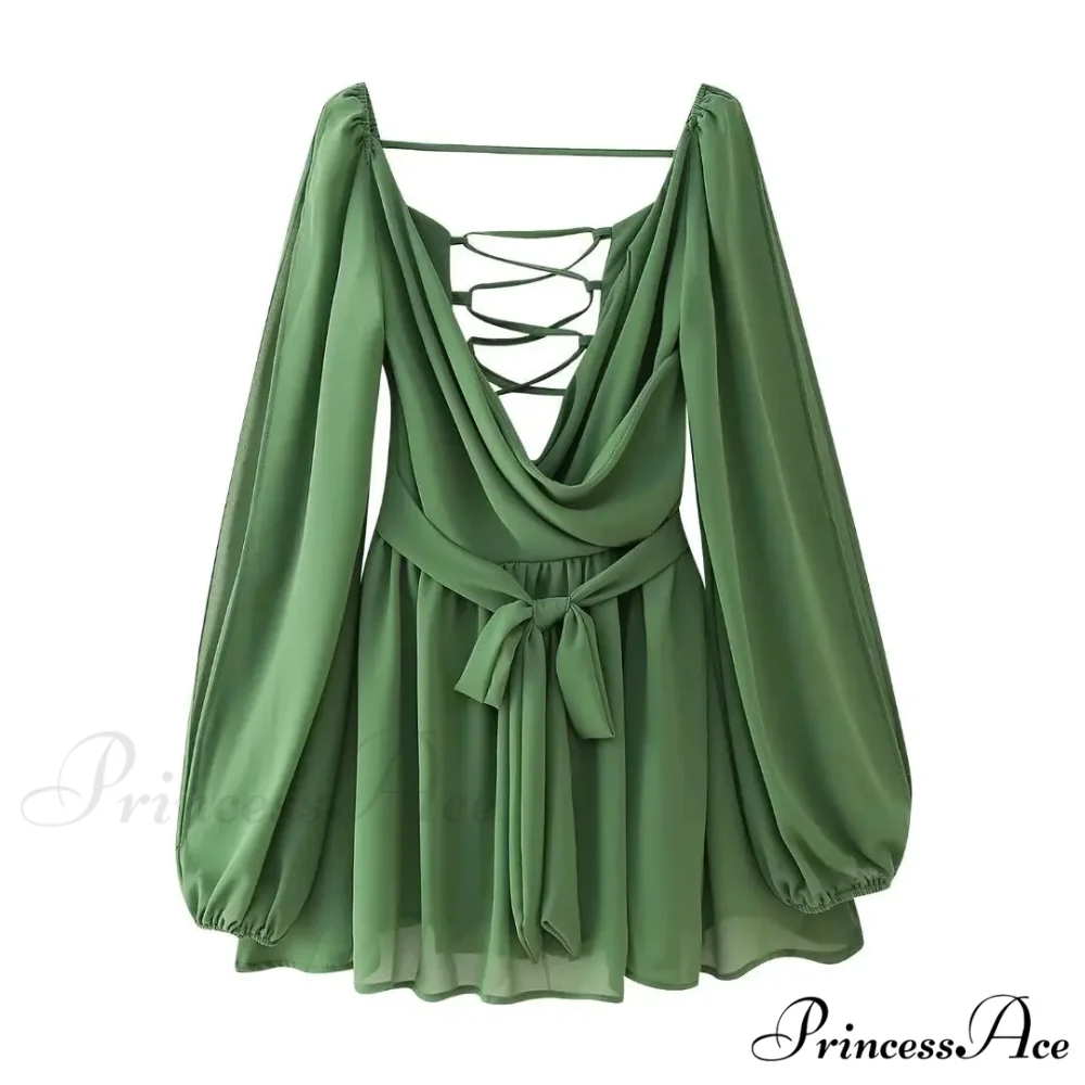 Chiffon Slit Long Sleeve Graceful Lace Up Mini Dress - Image 7