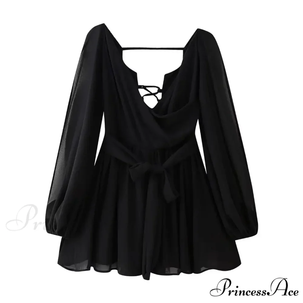 Chiffon Slit Long Sleeve Graceful Lace Up Mini Dress - Image 9