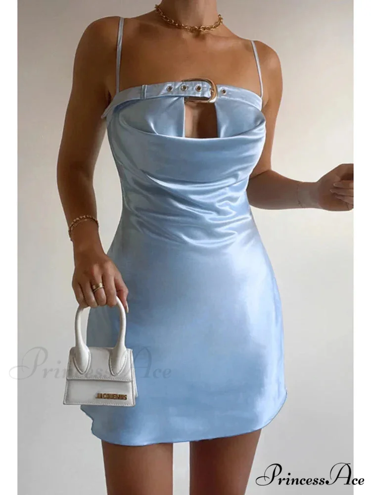 Satin Belted Hollow Cowl Graceful Neck Slip Mini Dress - Image 2