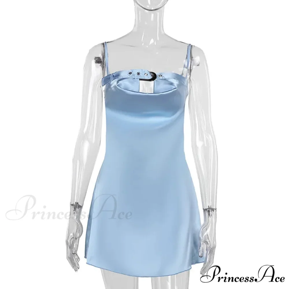 Satin Belted Hollow Cowl Graceful Neck Slip Mini Dress - Image 6