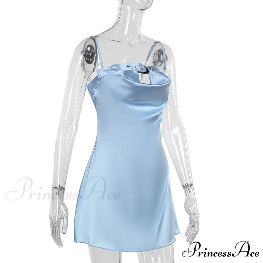 Satin Belted Hollow Cowl Graceful Neck Slip Mini Dress - Image 7
