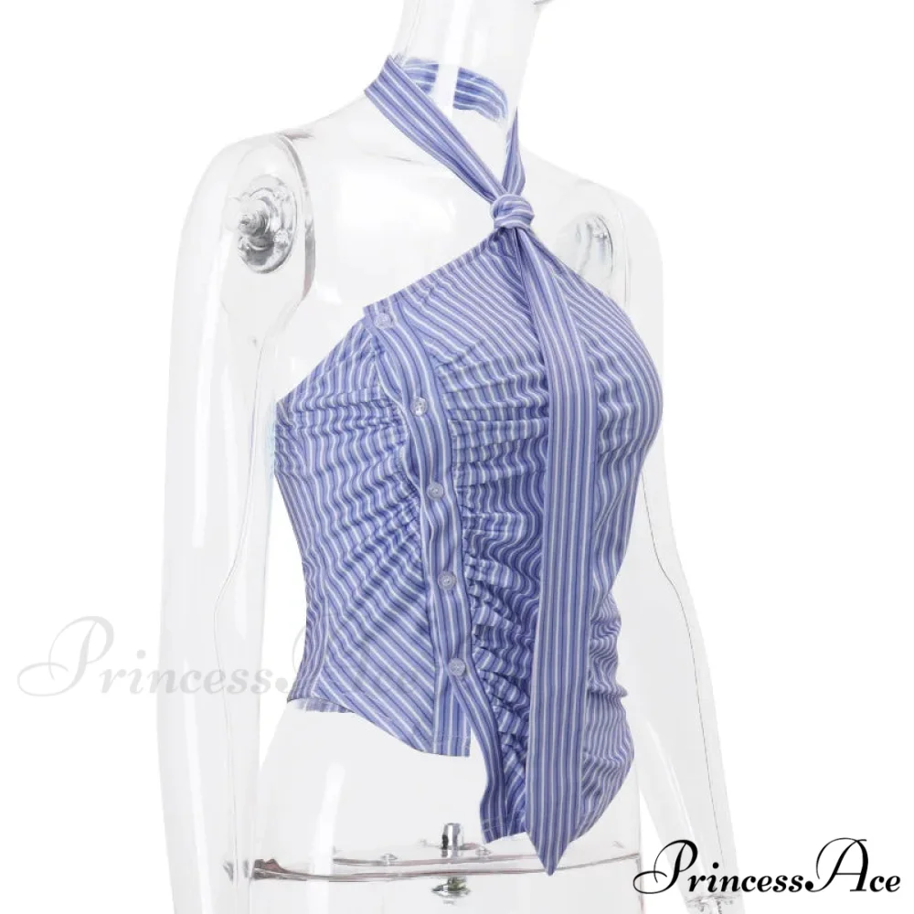 Blue Striped Halter Charming Tie Detail Top - Image 10