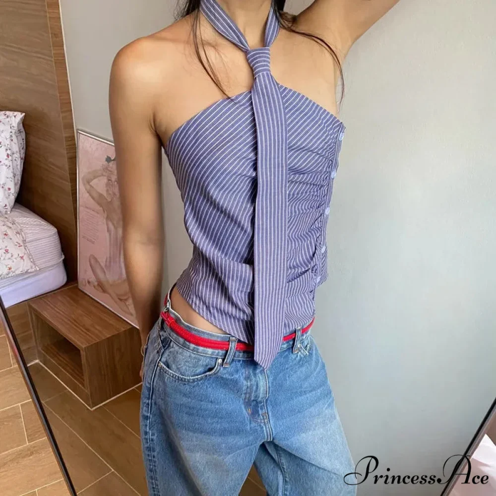 Blue Striped Halter Charming Tie Detail Top - Image 7