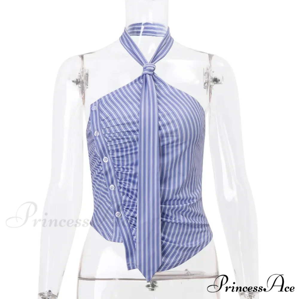 Blue Striped Halter Charming Tie Detail Top - Image 9