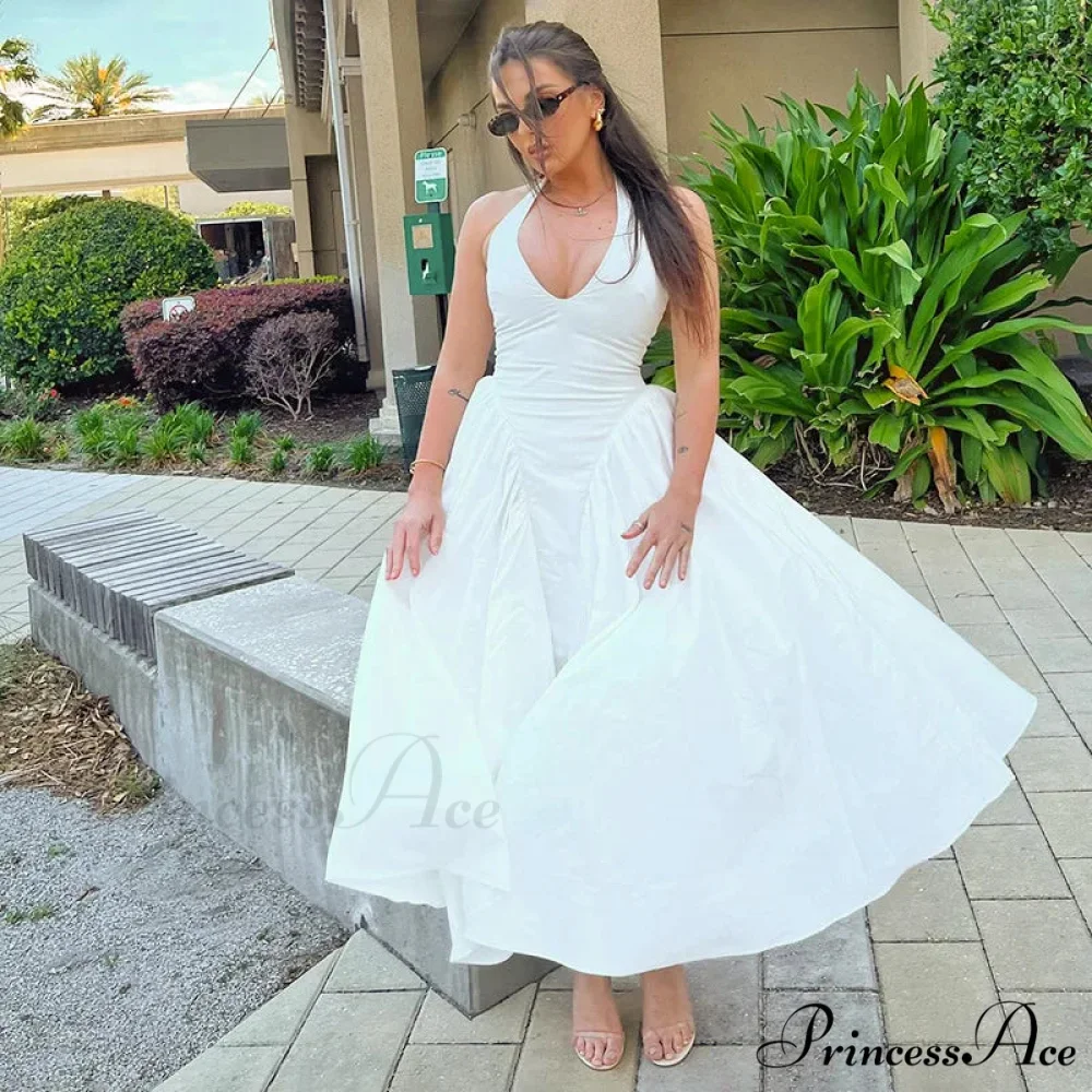 Open Back Halter Deep Graceful V-neck White Ankle Length Dress - Image 10