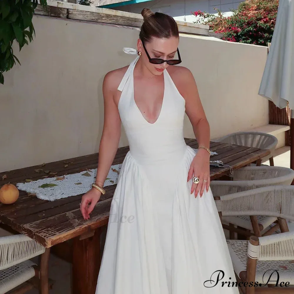 Open Back Halter Deep Graceful V-neck White Ankle Length Dress - Image 12
