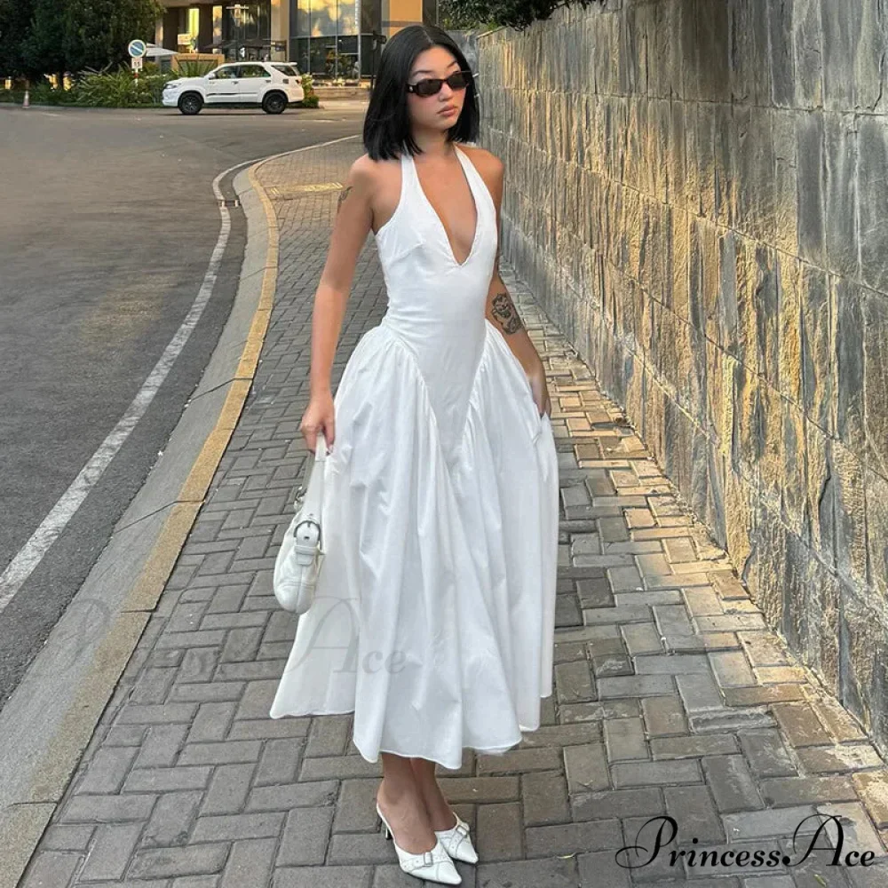 Open Back Halter Deep Graceful V-neck White Ankle Length Dress - Image 13