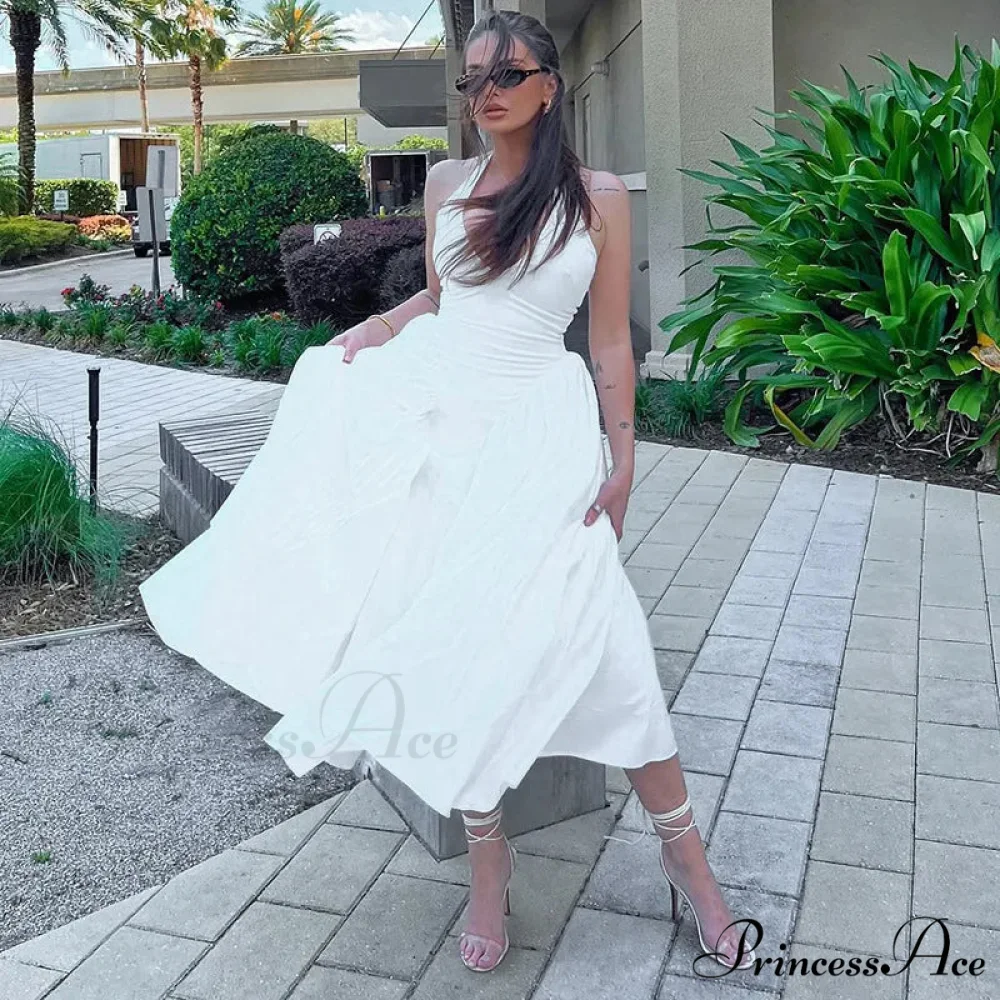 Open Back Halter Deep Graceful V-neck White Ankle Length Dress - Image 14