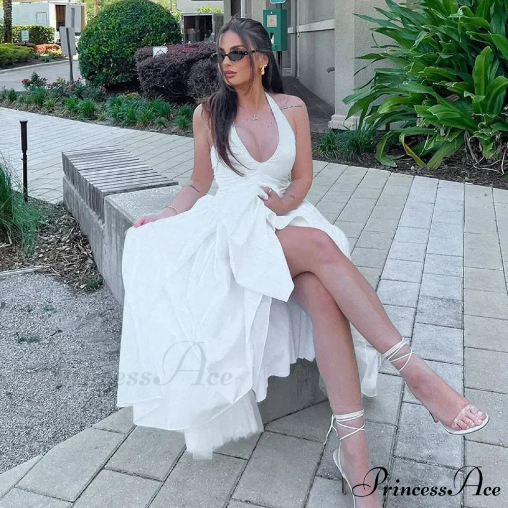 Open Back Halter Deep Graceful V-neck White Ankle Length Dress - Image 15