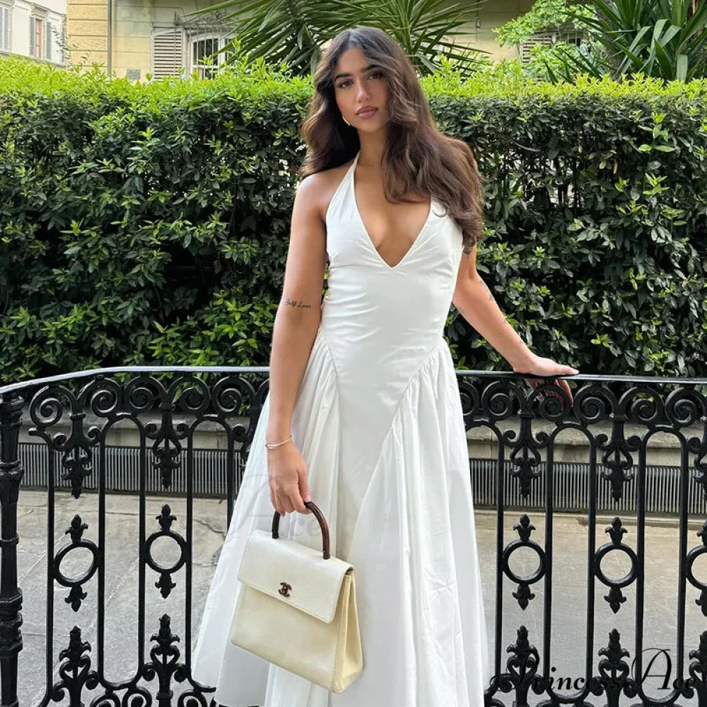 Open Back Halter Deep Graceful V-neck White Ankle Length Dress - Image 16