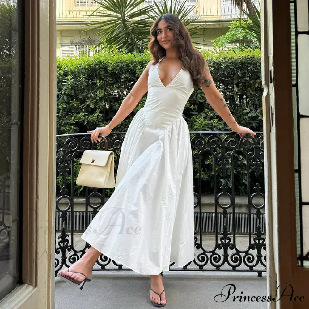 Open Back Halter Deep Graceful V-neck White Ankle Length Dress - Image 18