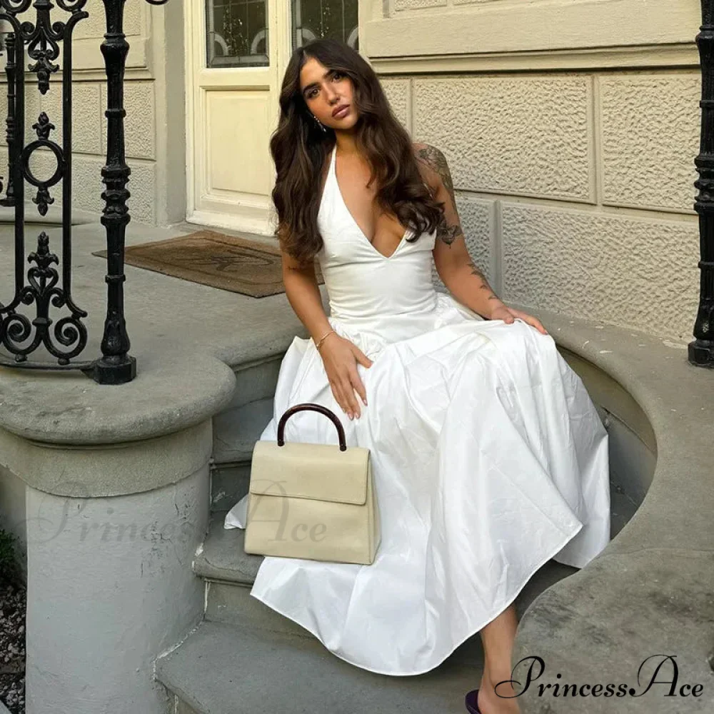 Open Back Halter Deep Graceful V-neck White Ankle Length Dress - Image 19