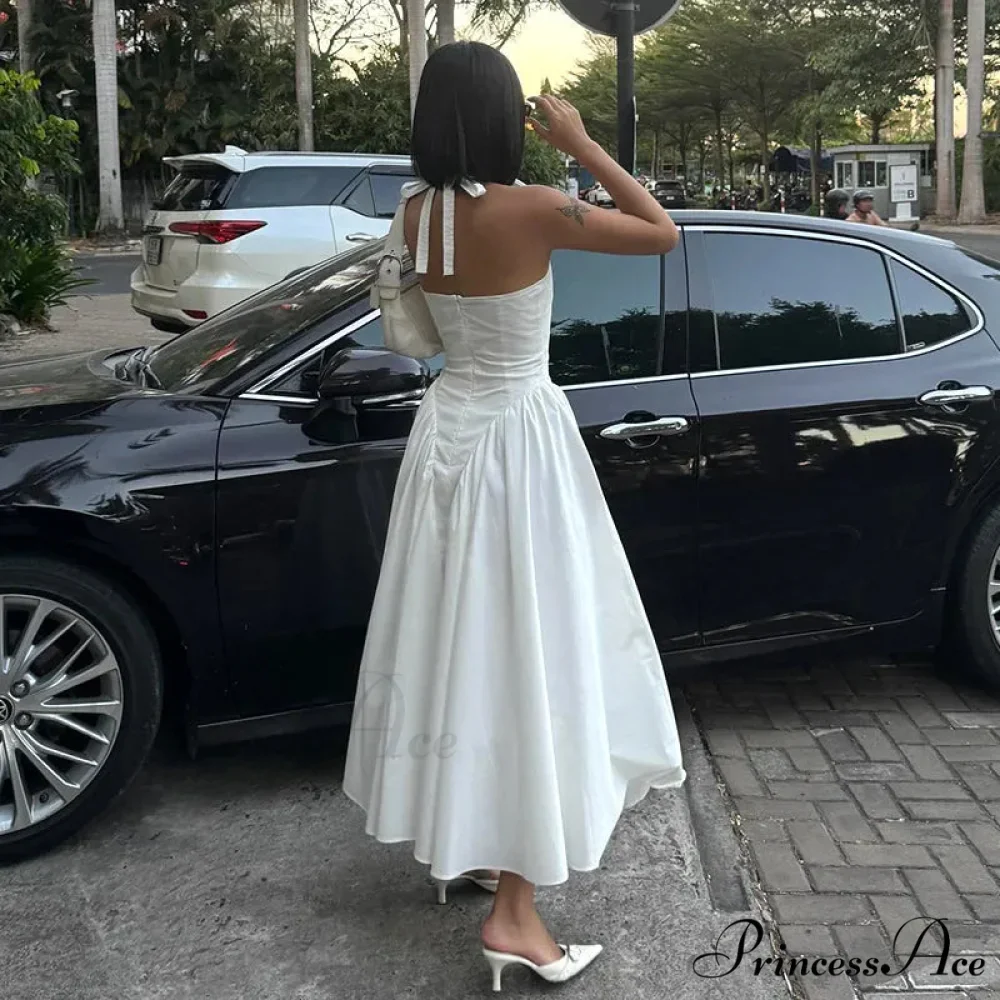 Open Back Halter Deep Graceful V-neck White Ankle Length Dress - Image 2