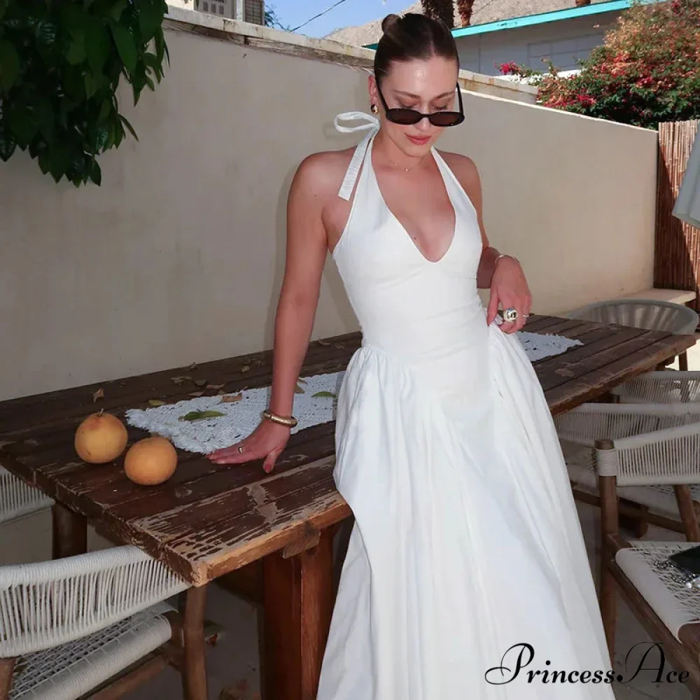 Open Back Halter Deep Graceful V-neck White Ankle Length Dress - Image 20