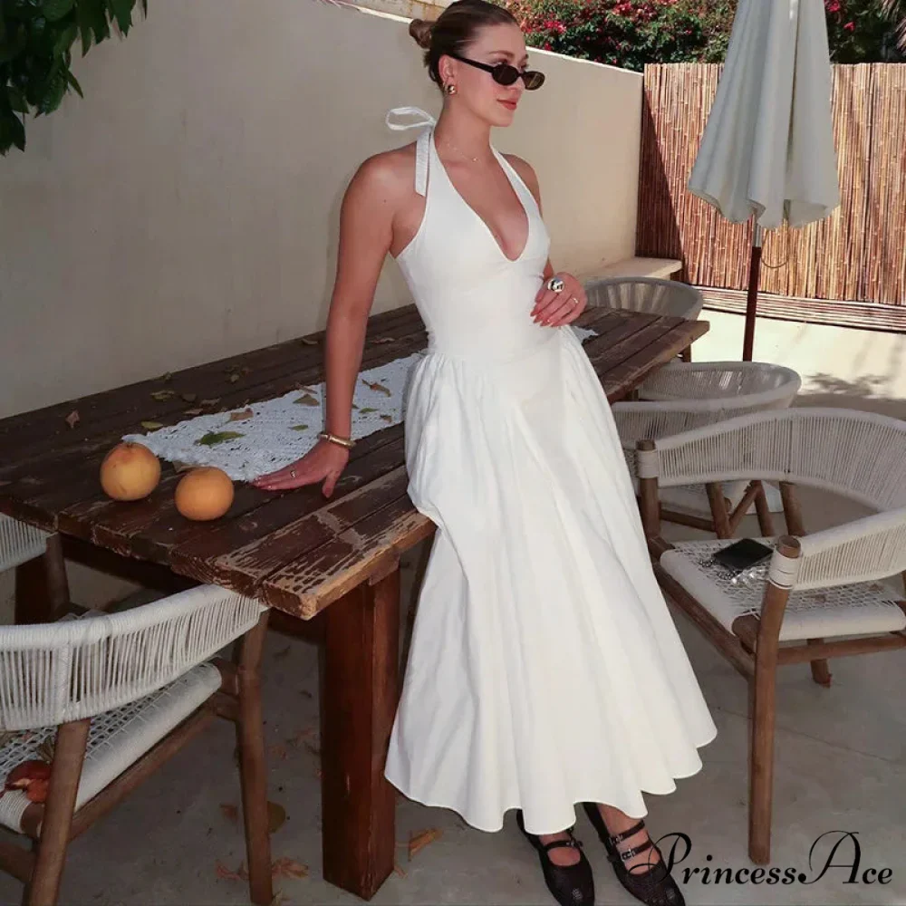 Open Back Halter Deep Graceful V-neck White Ankle Length Dress - Image 22