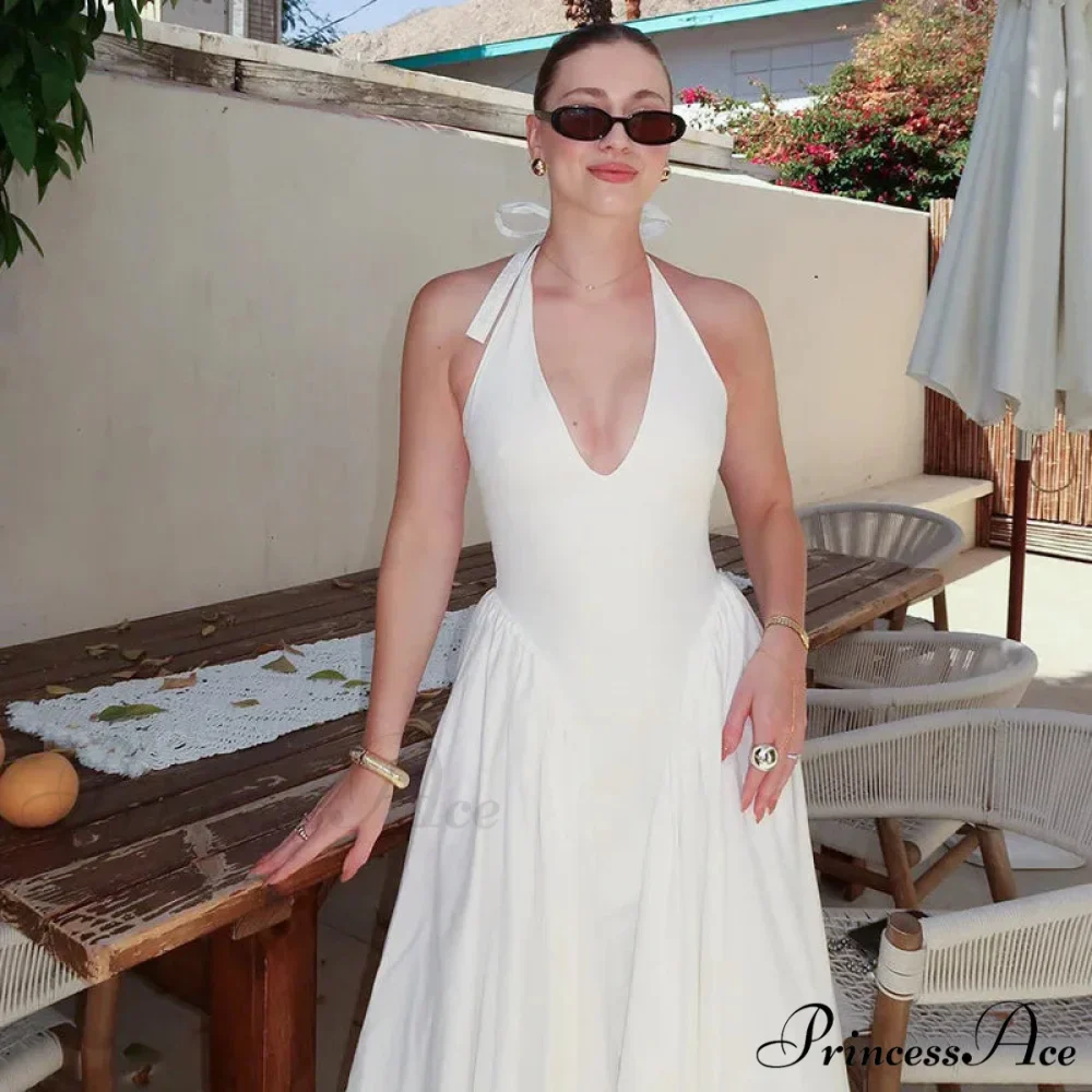 Open Back Halter Deep Graceful V-neck White Ankle Length Dress - Image 23