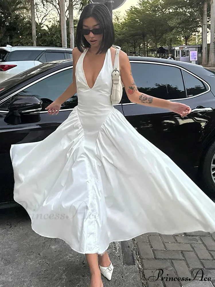 Open Back Halter Deep Graceful V-neck White Ankle Length Dress - Image 25