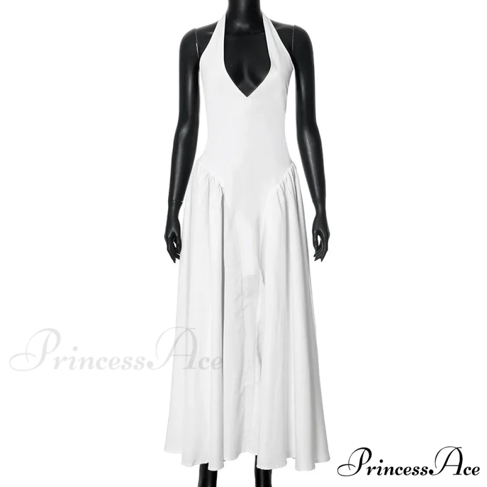 Open Back Halter Deep Graceful V-neck White Ankle Length Dress - Image 26