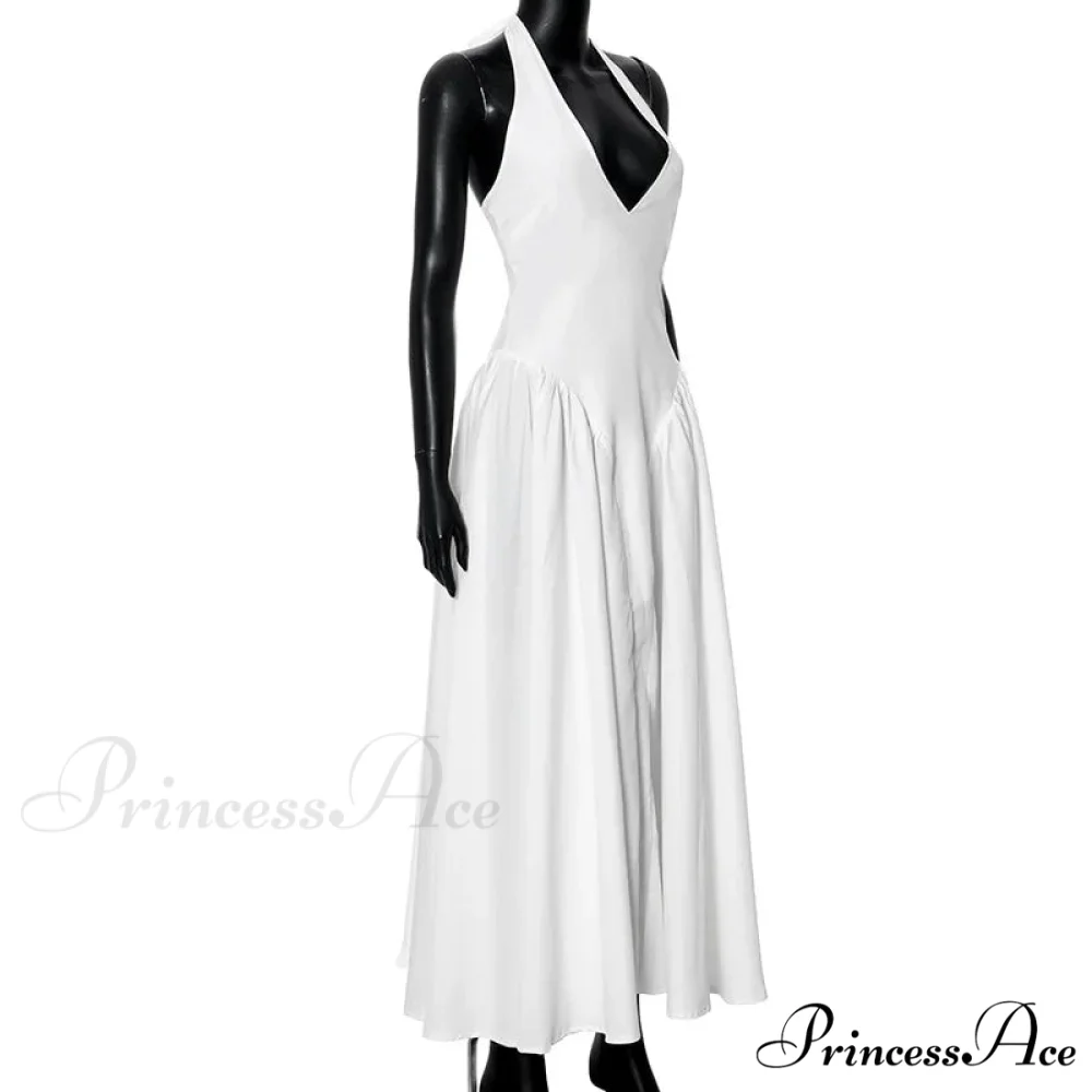 Open Back Halter Deep Graceful V-neck White Ankle Length Dress - Image 27