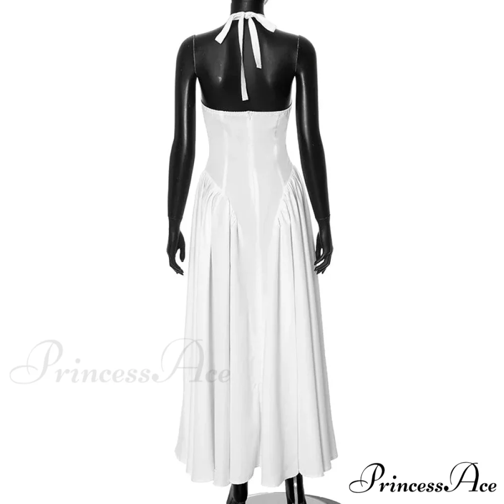 Open Back Halter Deep Graceful V-neck White Ankle Length Dress - Image 28