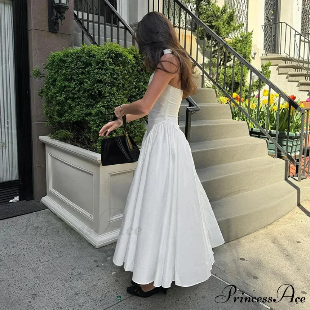 Open Back Halter Deep Graceful V-neck White Ankle Length Dress - Image 3