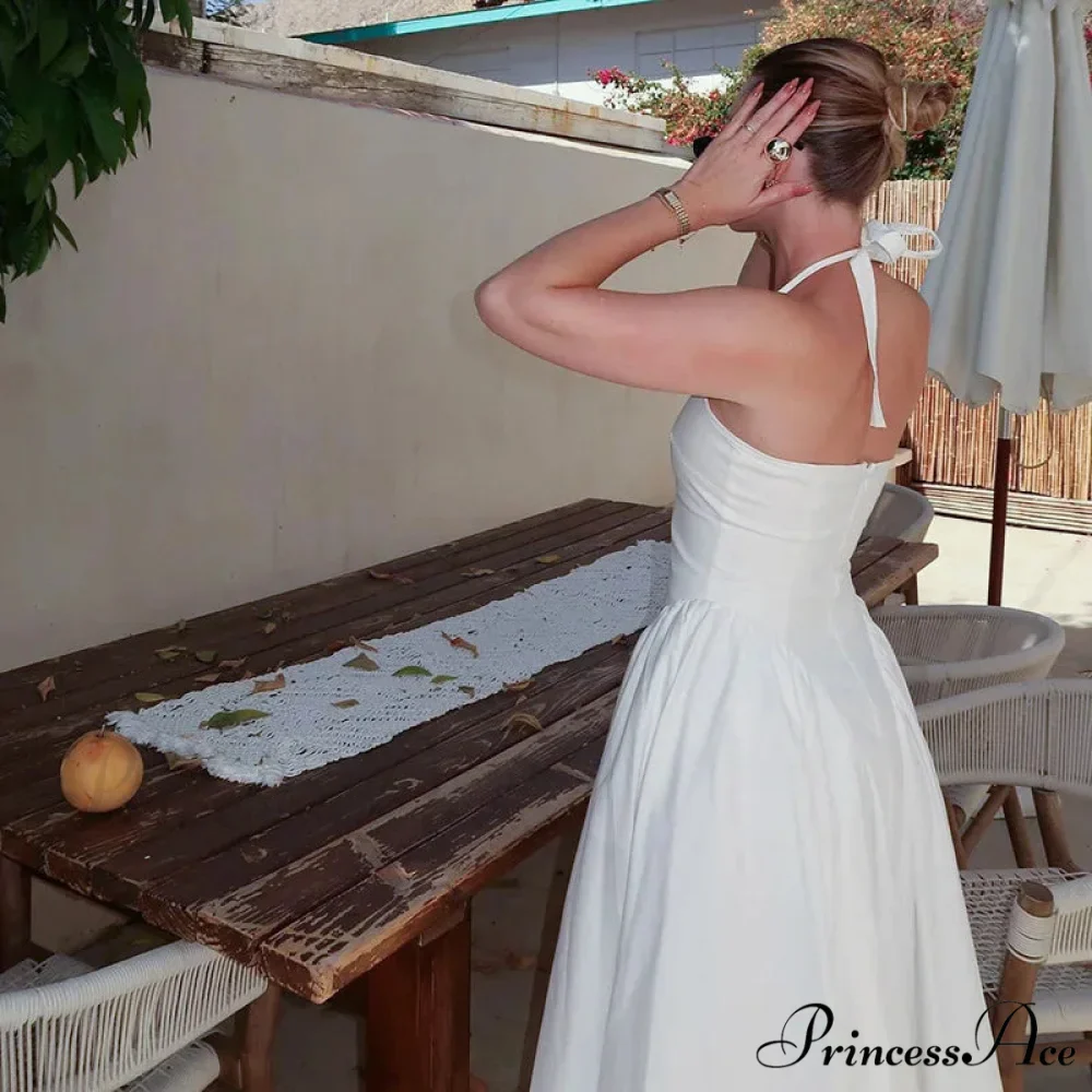 Open Back Halter Deep Graceful V-neck White Ankle Length Dress - Image 4