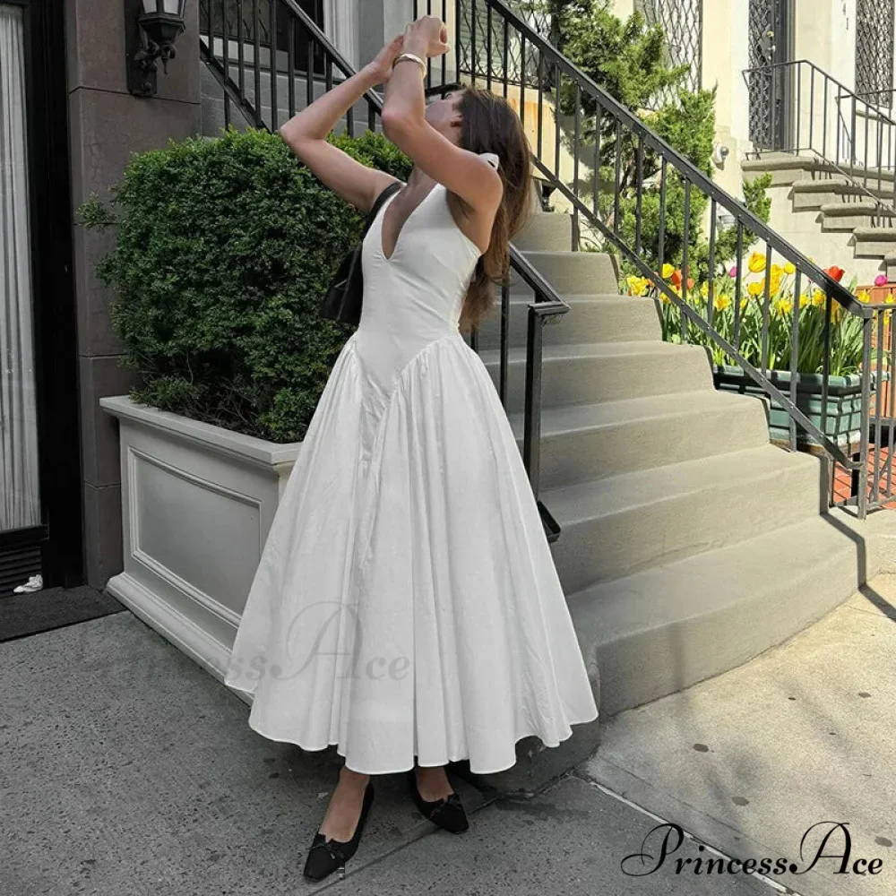 Open Back Halter Deep Graceful V-neck White Ankle Length Dress - Image 5