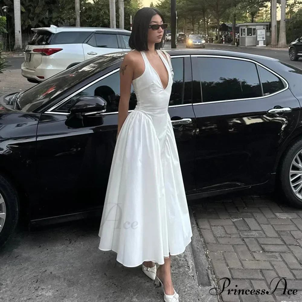 Open Back Halter Deep Graceful V-neck White Ankle Length Dress - Image 6
