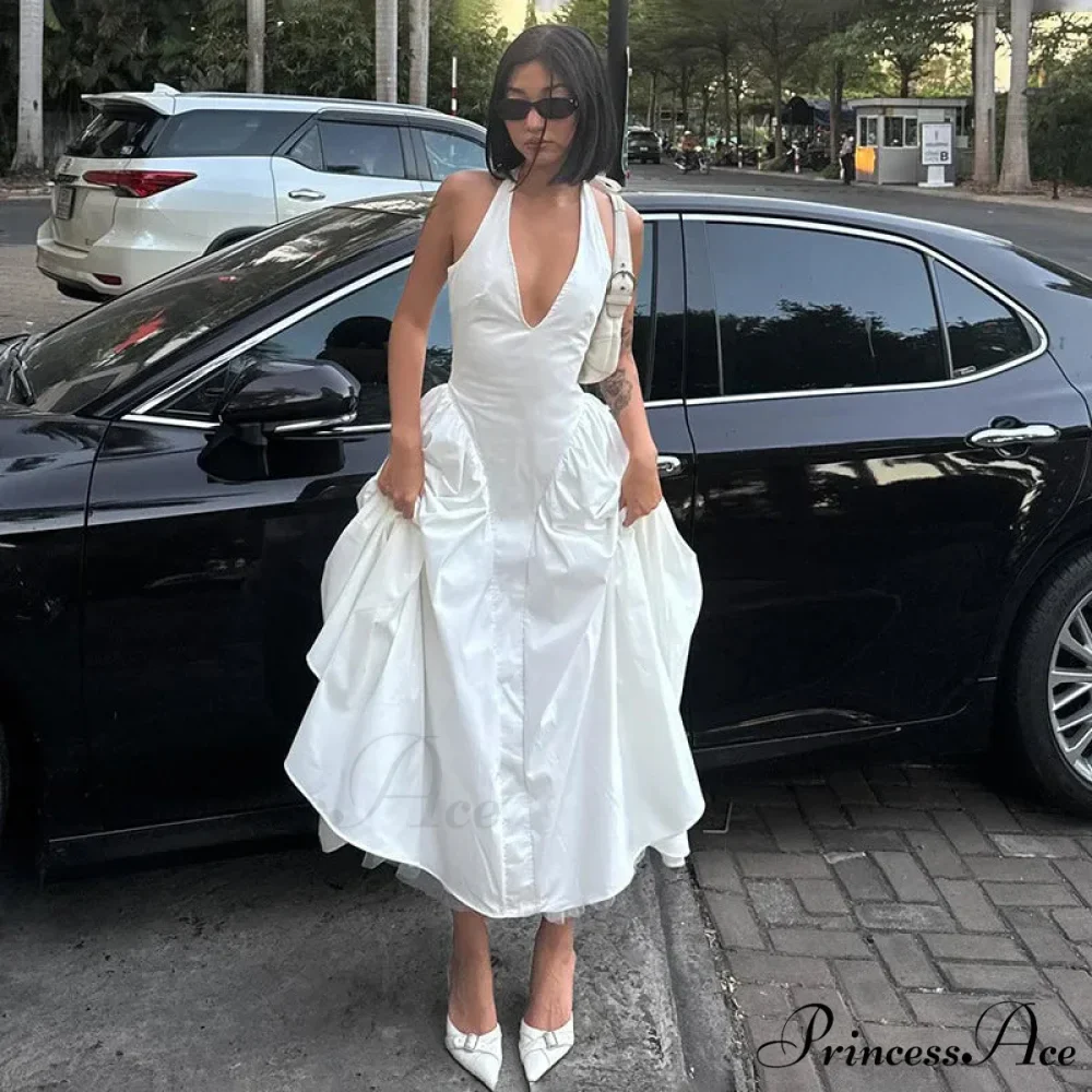Open Back Halter Deep Graceful V-neck White Ankle Length Dress - Image 7