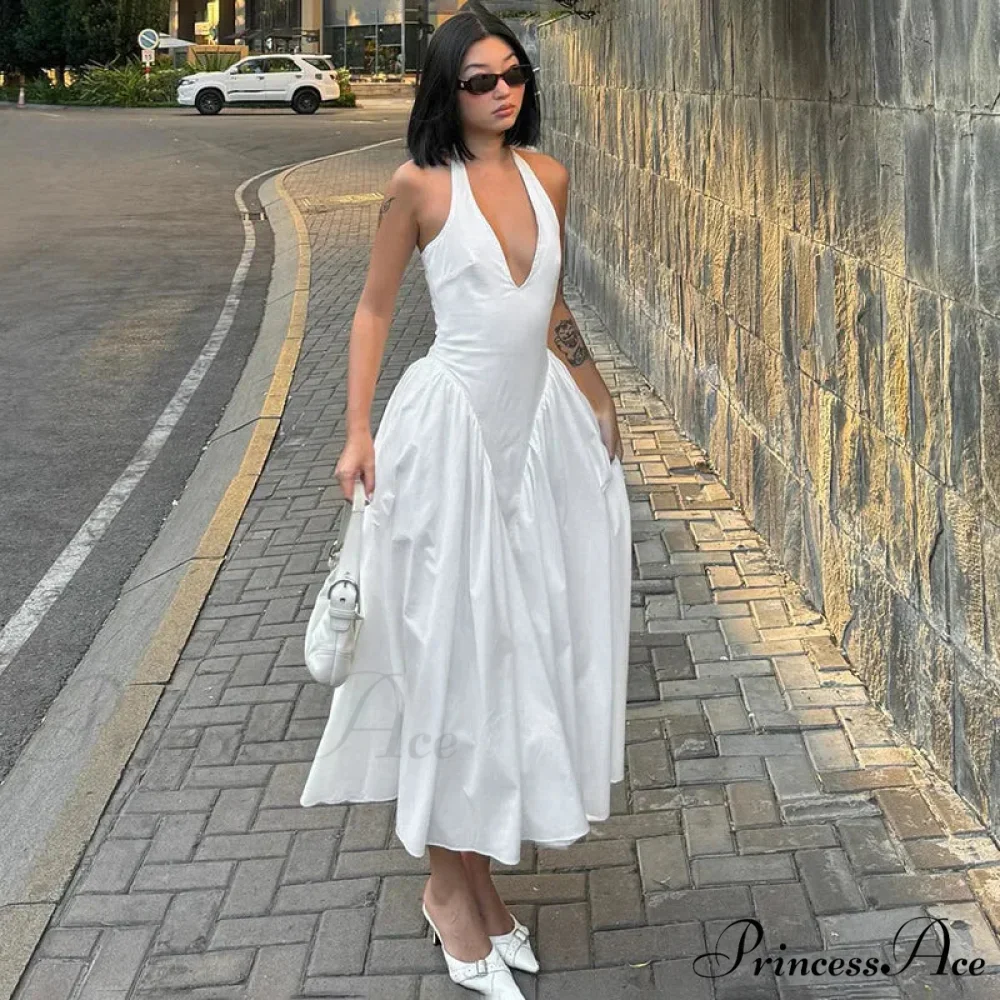 Open Back Halter Deep Graceful V-neck White Ankle Length Dress - Image 8