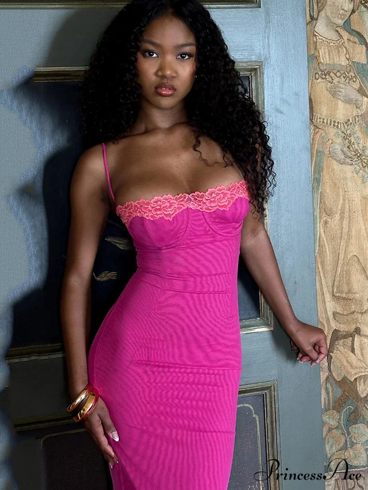 Lace Spaghetti Strap Charming Mesh Midi Dress - Image 6