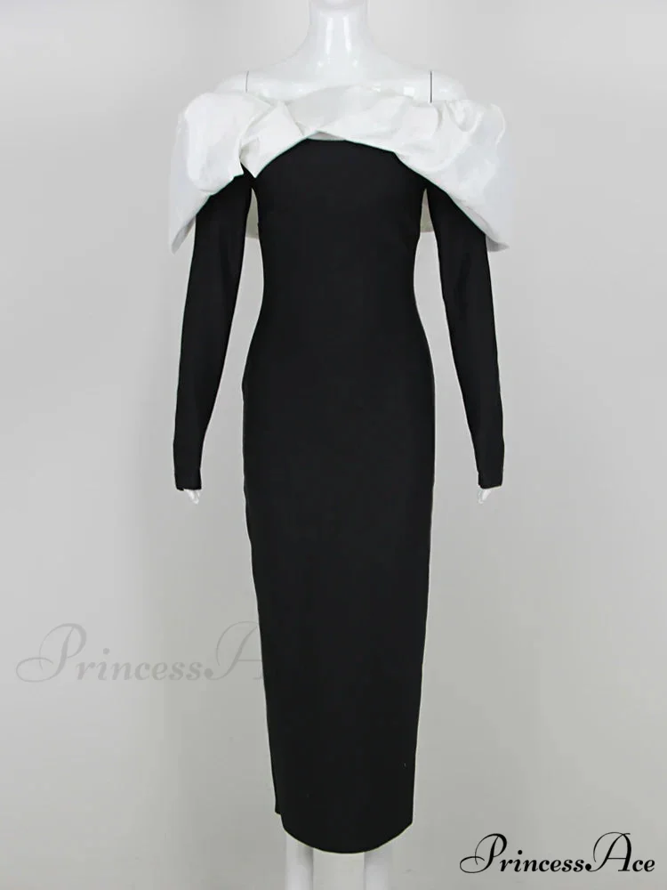 Off Shoulder Satin Charming Long SLeeve Midi Dress - Image 11
