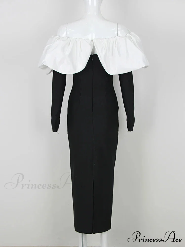 Off Shoulder Satin Charming Long SLeeve Midi Dress - Image 12