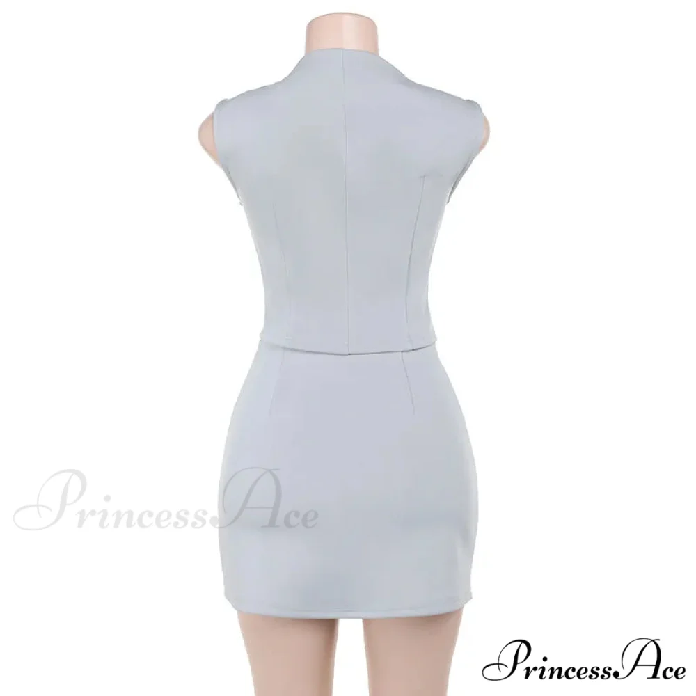 High Neck Solid Top Graceful And Bodycon Mini Skirt Set - Image 10