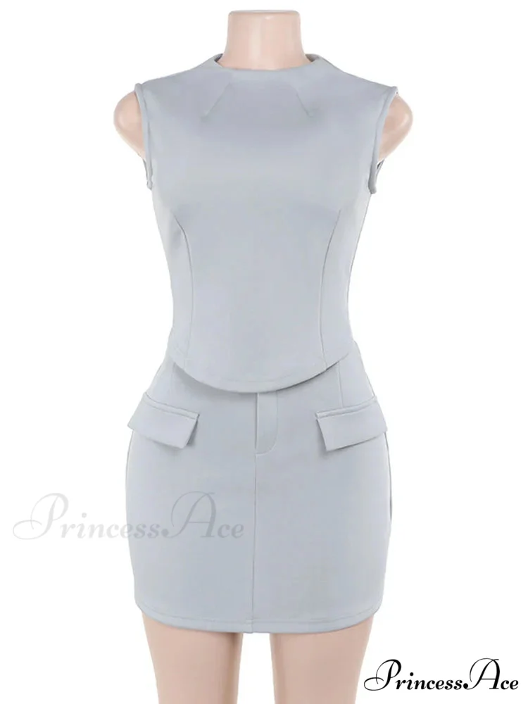 High Neck Solid Top Graceful And Bodycon Mini Skirt Set - Image 8