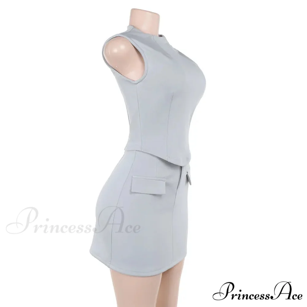 High Neck Solid Top Graceful And Bodycon Mini Skirt Set - Image 9