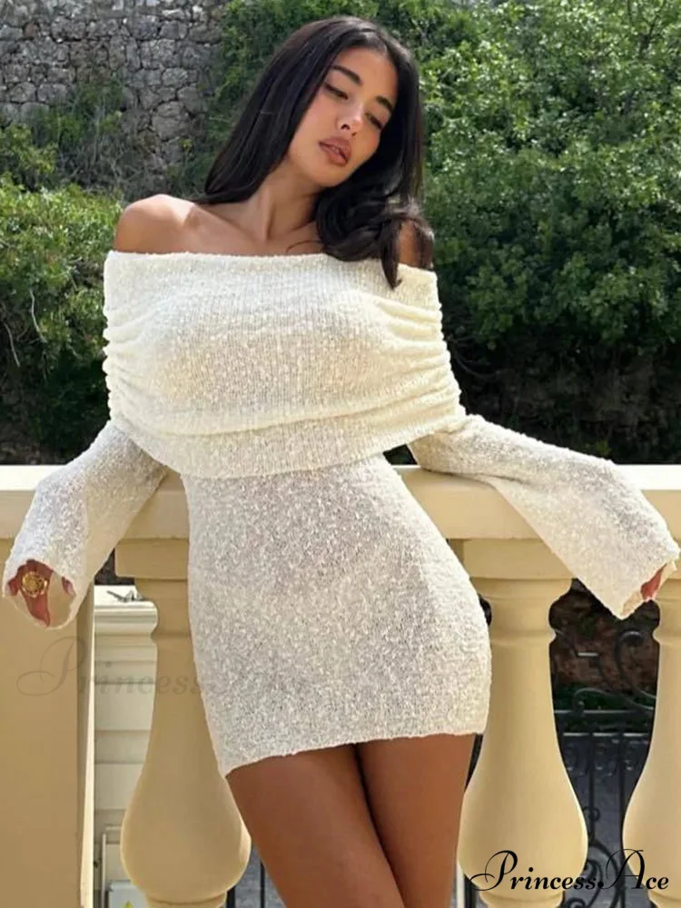 Knitted Off-Shoulder Long Charming Sleeve Mini Dress - Image 3