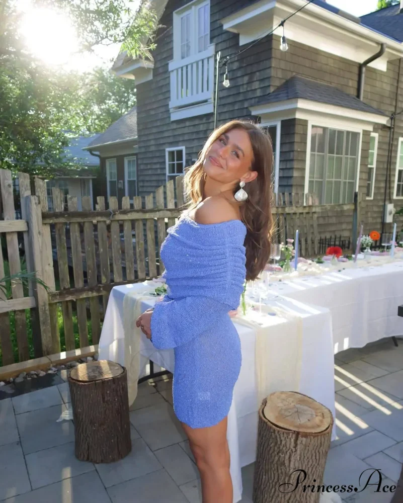 Knitted Off-Shoulder Long Charming Sleeve Mini Dress - Image 8