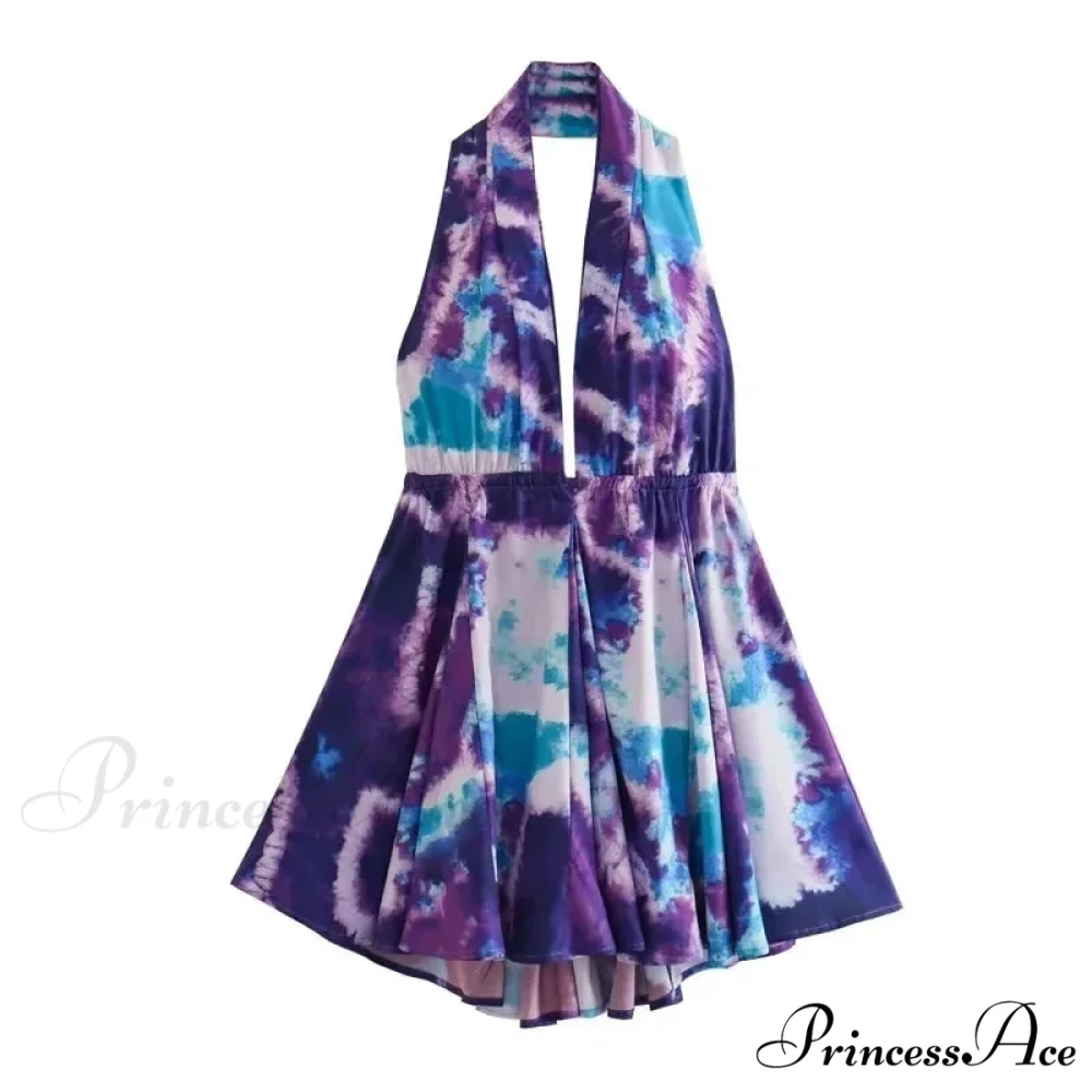 Print Halter Open Back Graceful Sleeveless V Neck Mini Dress - Image 10