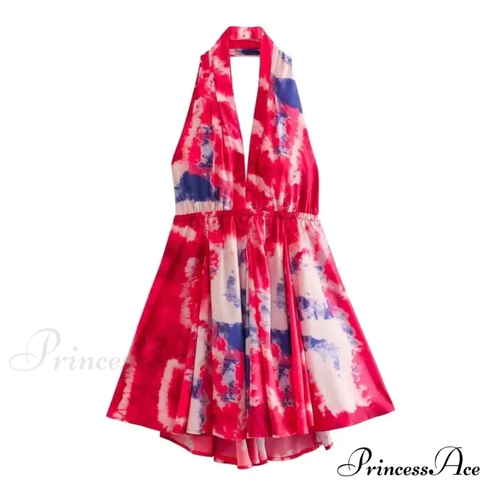 Print Halter Open Back Graceful Sleeveless V Neck Mini Dress - Image 11
