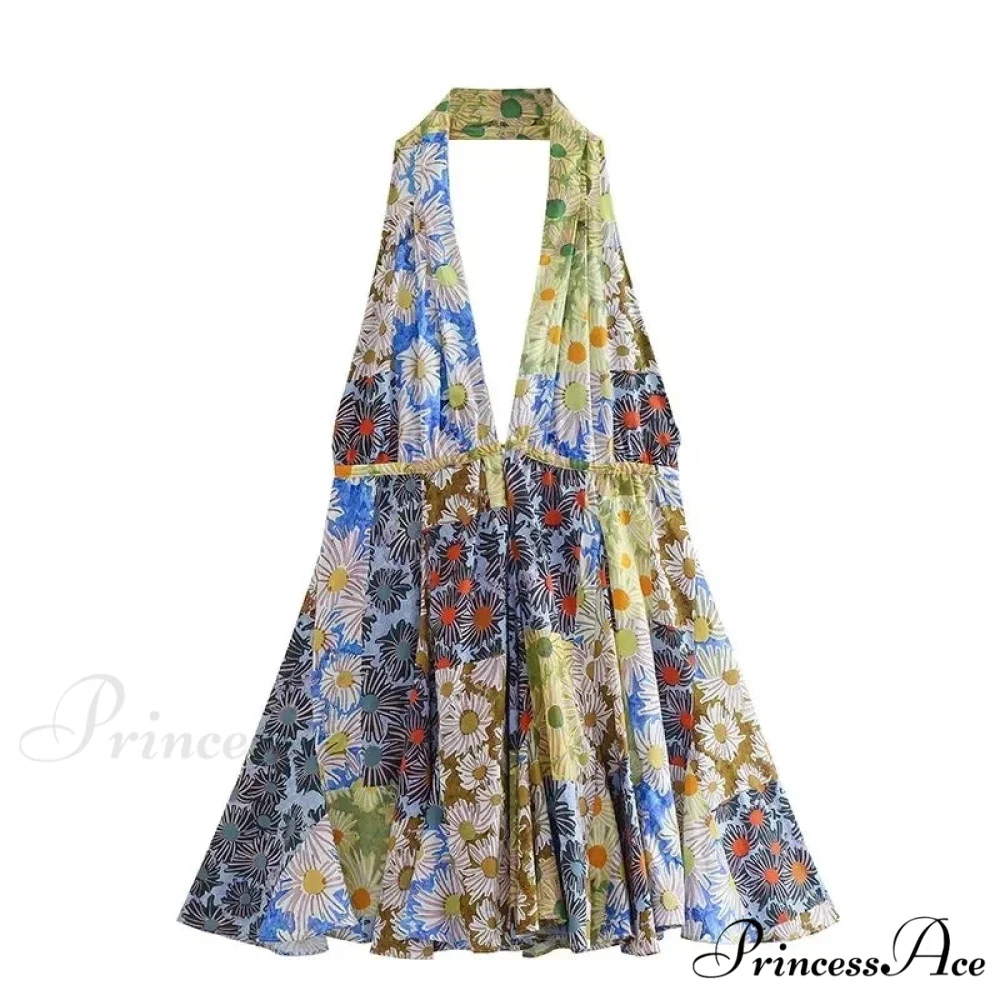 Print Halter Open Back Graceful Sleeveless V Neck Mini Dress - Image 12